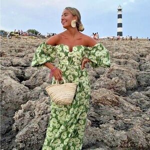 COPY - ZARA Floral Off-Shoulder Green Dress